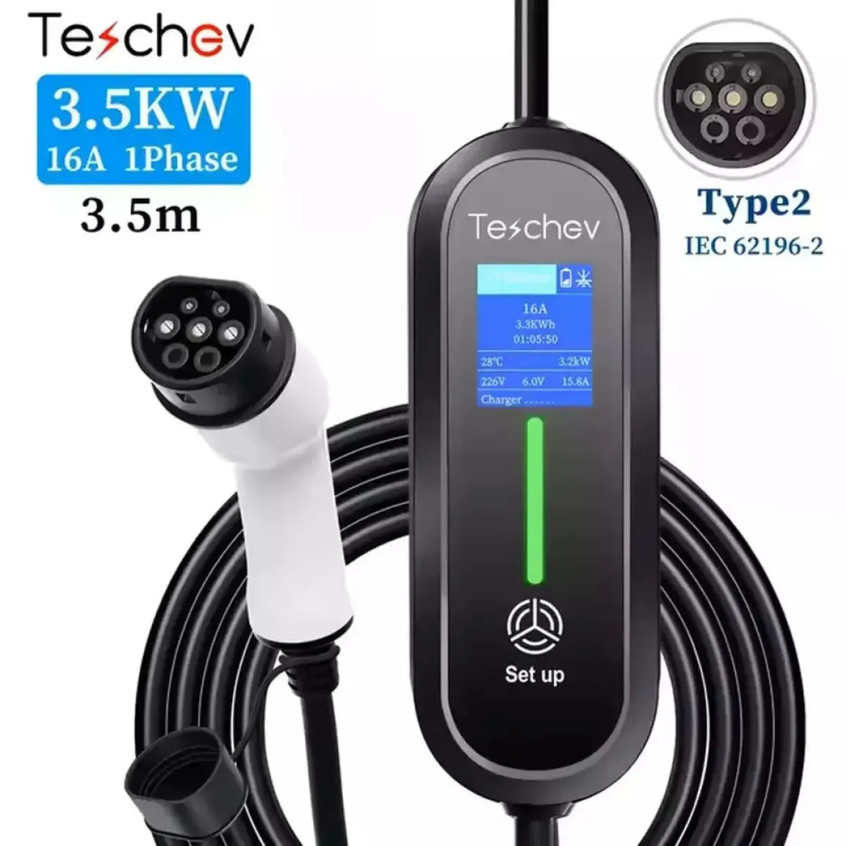 Teschev Φορητός Μονοφασικός Σταθμός Φόρτισης 3.5kW με Ενσωματωμένο Καλώδιο Type 2